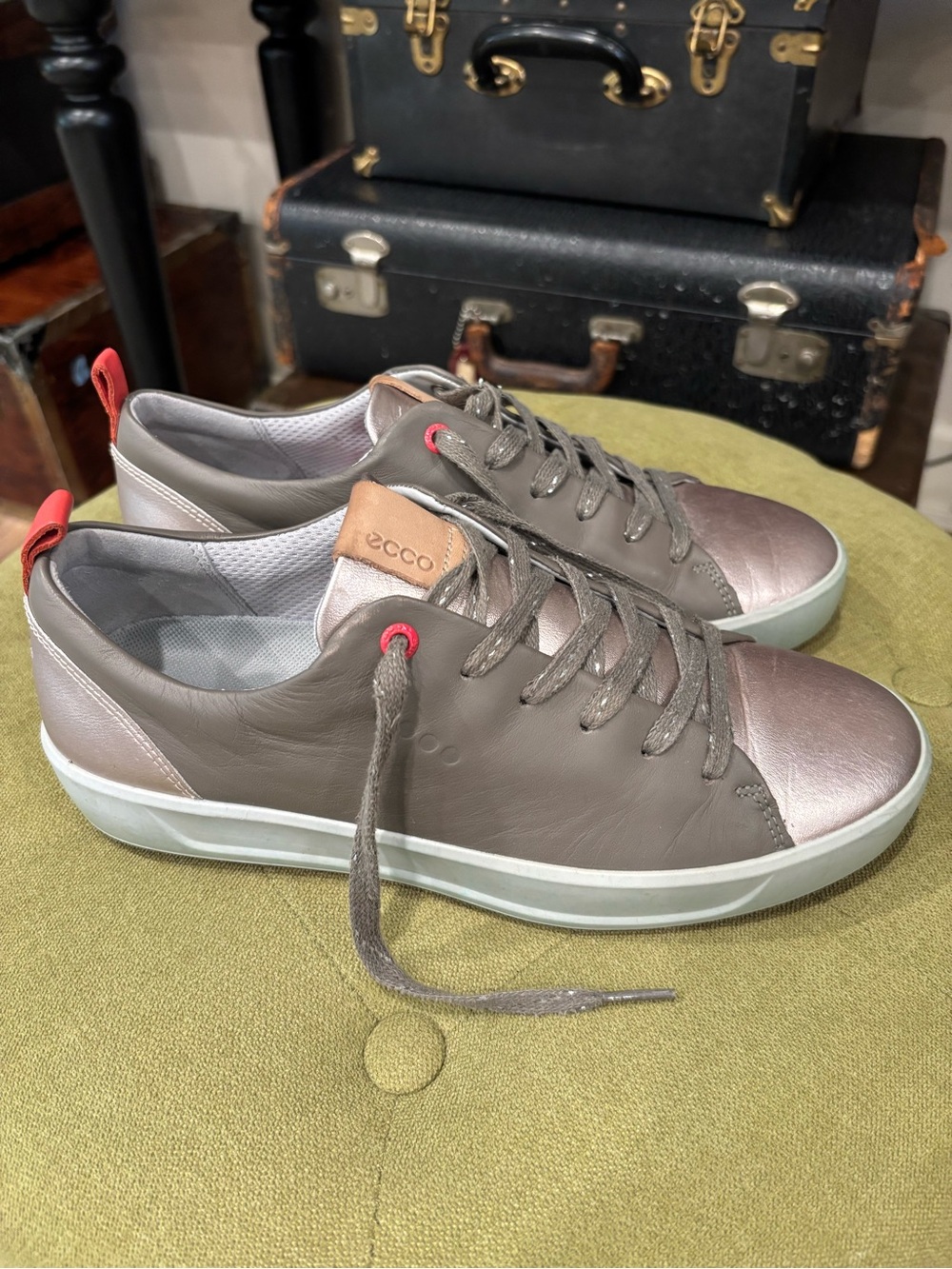 Ecco Women's Taupe Leather Sneakers with Metallic Rose Accents